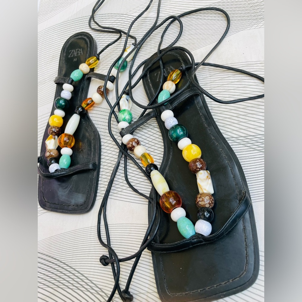 Brand new zara limited edition leather with beads summer lace up flat sandal - Picture 3 of 6